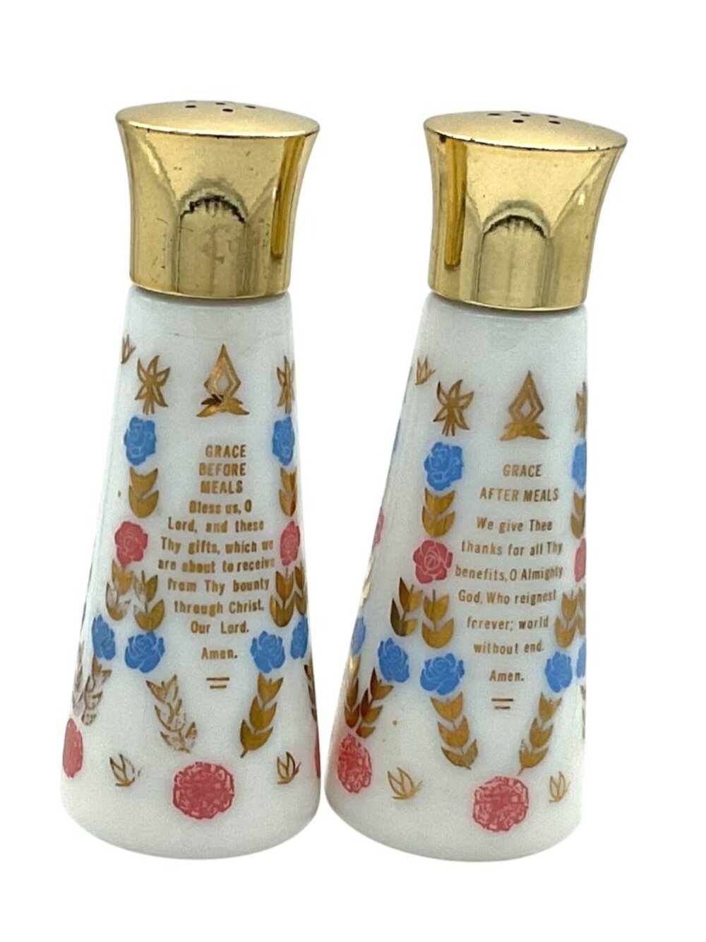 Vtg Prayer Grace Salt & Pepper Shakers Milk Glass Gold Paint Before After Meal